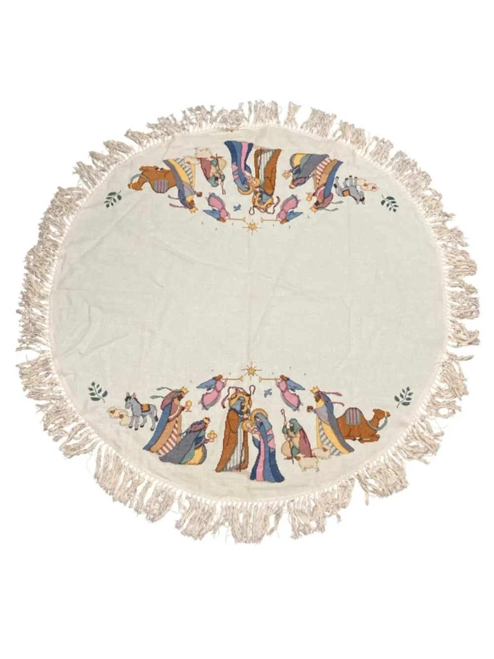 Vintage Christmas Nativity-Themed Round Completed Cross-Stitch Tablecloth